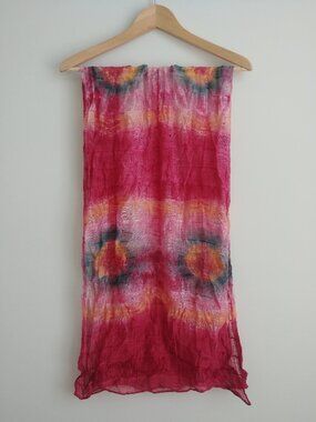 Deep pink tie dye look filmy scarf with blue and yellow circles